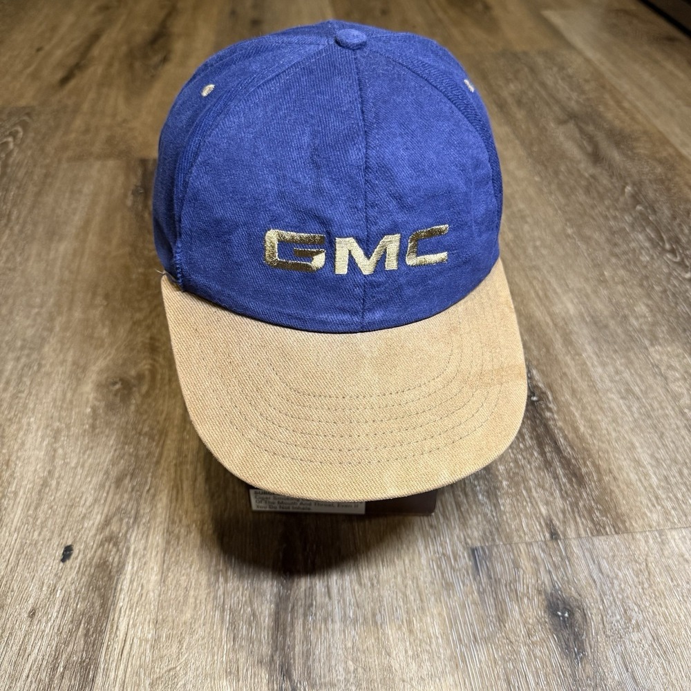 General Motors Company GMC Snapback Hat Navy Blue Suede Brown Tan‎ 80s Vintage